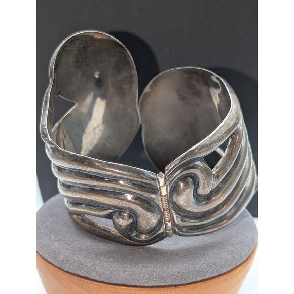 Vtg Taxco Signed ES Mexican Modernist 925 Sterling Scrolled Clamper Bracelet - Picture 4 of 11